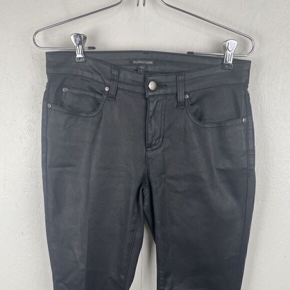 Eileen Fisher Organic Cotton Coated Shiny  Black Mid-Rise Skinny Jeans  Size 2 - Picture 6 of 7